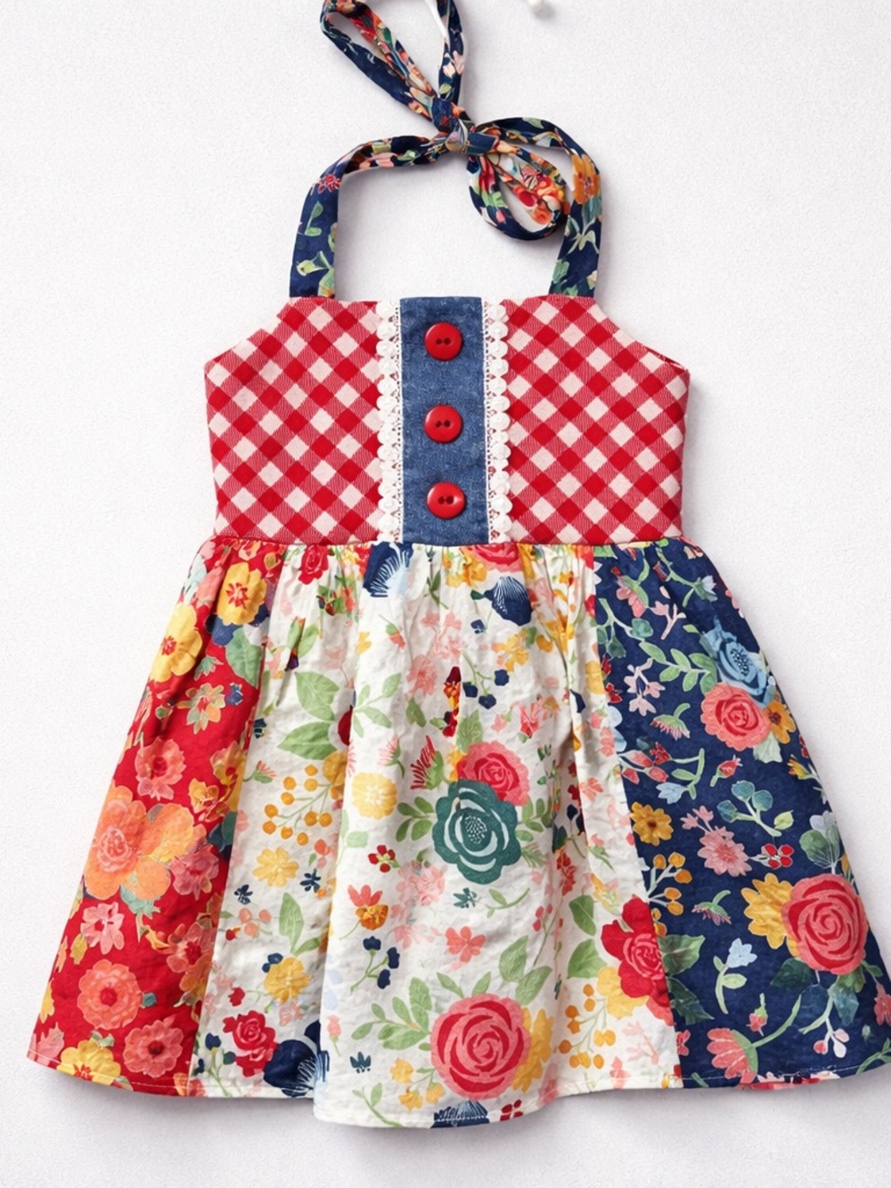 Ricrac & Ruffles red white blue floral and gingham halter smocked dress size 3T